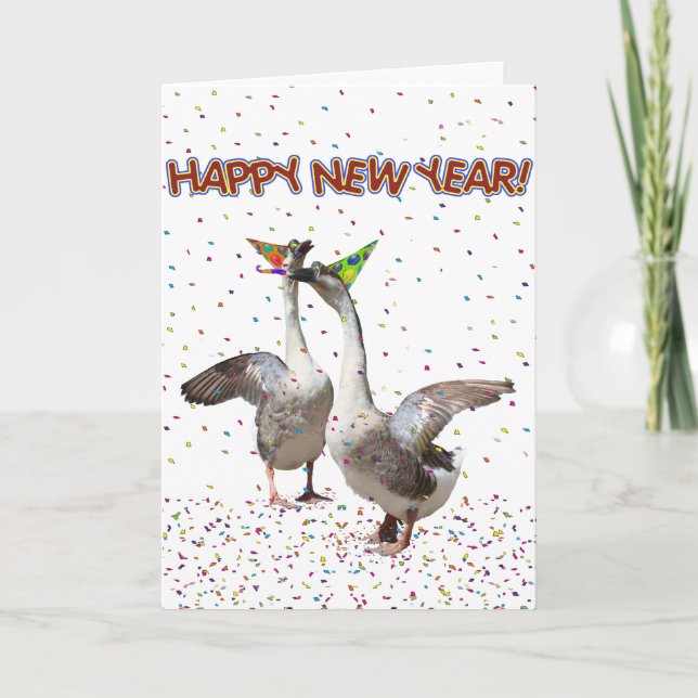 Tarjeta Festiva Feliz Año Nuevo de fiesta en Geese (Anverso)