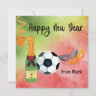 Tarjeta Festiva Feliz Año Nuevo de Fútbol con Balón y Champán