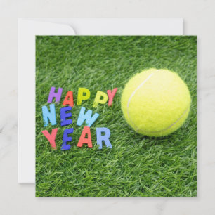 Tarjeta Festiva Feliz año nuevo de tenis y pelota de tenis para ju