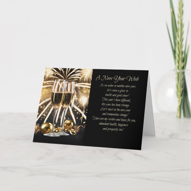 Tarjeta Festiva Feliz Año Nuevo Deseo Salud Felicidad Champagne (Anverso)