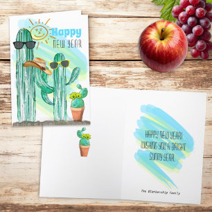 Tarjeta Festiva Feliz Año Nuevo Divertido Cactus Saguaro del Suroe