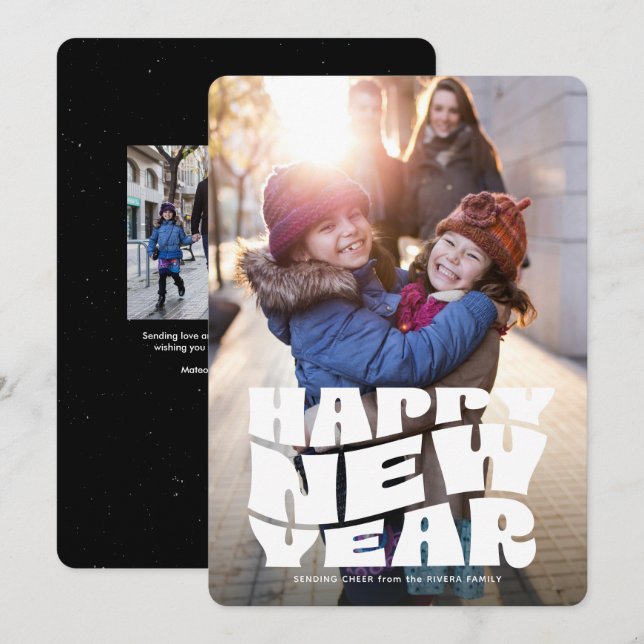 Tarjeta Festiva Feliz Año Nuevo divertido diversión retro foto fam (Anverso / Reverso)