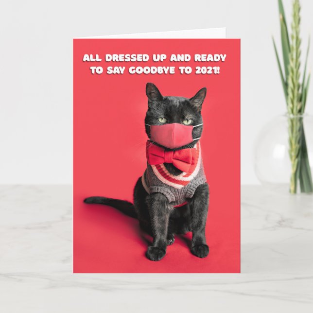Tarjeta Festiva Feliz Año Nuevo divertido gato con humor de máscar (Anverso)