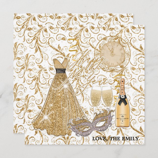 Tarjeta Festiva Feliz Año Nuevo Dorado  (Anverso / Reverso)