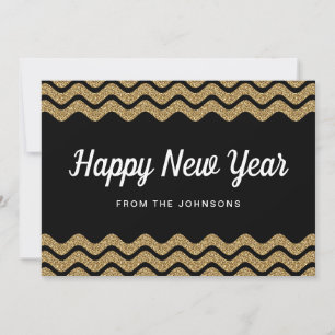 Tarjeta Festiva Feliz Año Nuevo Dorado Brillante Rayas Negras