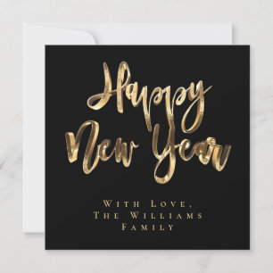 Tarjeta Festiva Feliz Año Nuevo Elegante Guión Negro y Oro