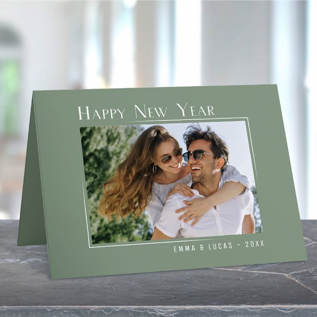 Tarjeta Festiva Feliz Año Nuevo Elegante Sage Sage Green Photo (Available in high quality print or digital download for quick text messaging, email or self print.)