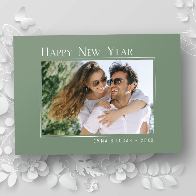 Tarjeta Festiva Feliz Año Nuevo Elegante Sage Sage Green Photo (Available in high quality print or digital download for quick text messaging, email or self print.)
