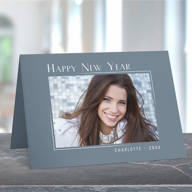 Tarjeta Festiva Feliz Año Nuevo Elegante Simple Slate Blue Photo (Available in high quality print or digital download for quick text messaging, email or self print.)