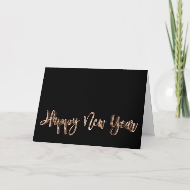 Tarjeta Festiva Feliz Año Nuevo Elegante Texto Negro y Oro (Anverso)