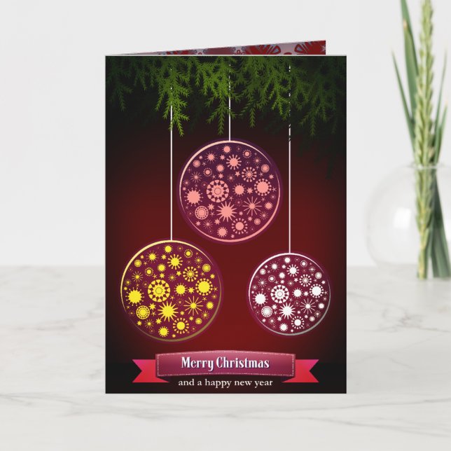 Tarjeta Festiva Feliz Año Nuevo Elegantes Decoraciones de Árboles  (Anverso)