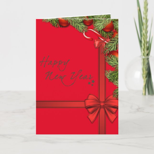 Tarjeta Festiva Feliz Año Nuevo Elegantes Decoraciones navideñas (Anverso)