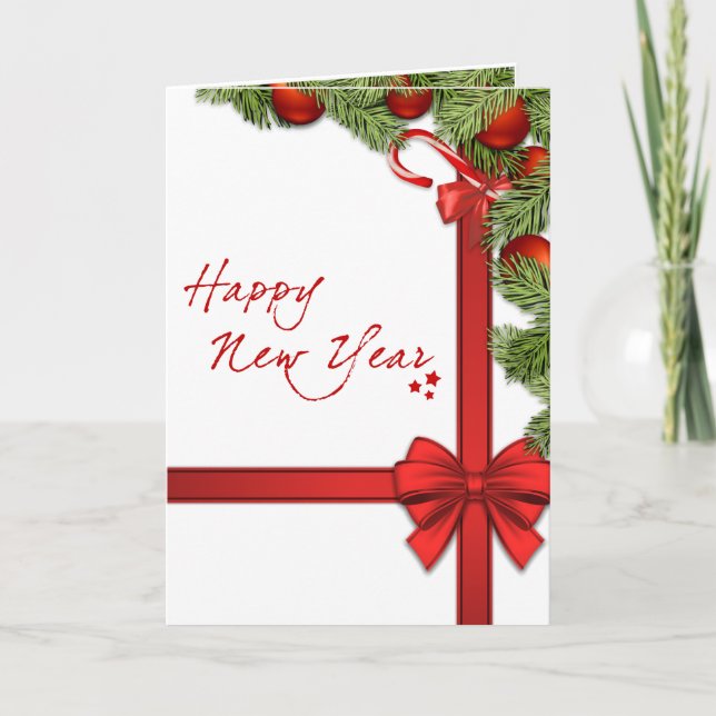 Tarjeta Festiva Feliz Año Nuevo Elegantes Decoraciones navideñas (Anverso)