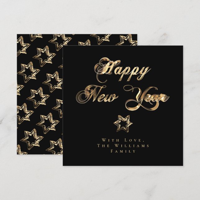 Tarjeta Festiva Feliz Año Nuevo elegantes estrellas negras y de or (Anverso / Reverso)