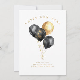 Tarjeta Festiva Feliz Año Nuevo en Balones de Oro y Negro Minimali