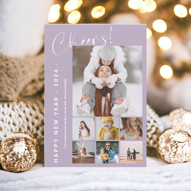 Tarjeta Festiva Feliz Año Nuevo en revisión júbilo 9 lavanda de fo (Happy New Year in review cheers 9 photo lavender Holiday Card)