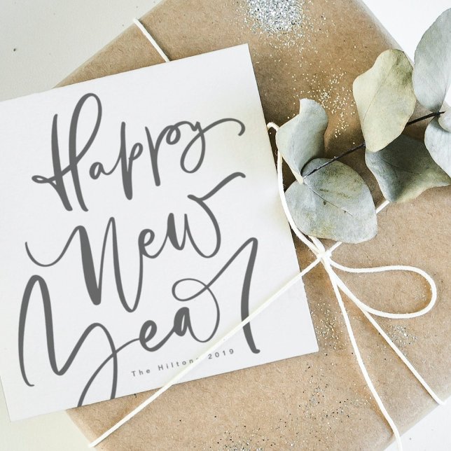 Tarjeta Festiva Feliz Año Nuevo en texto simple escrito a mano (Subido por el creador)