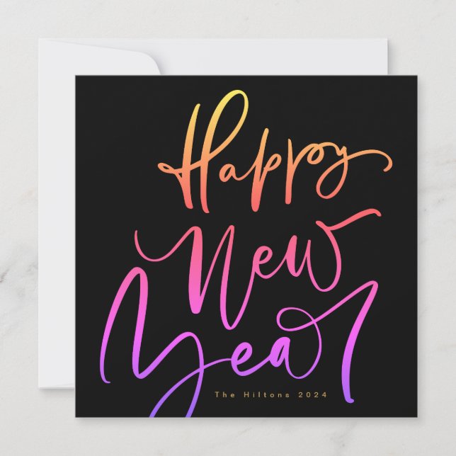 Tarjeta Festiva Feliz Año Nuevo en texto tropical (Anverso)