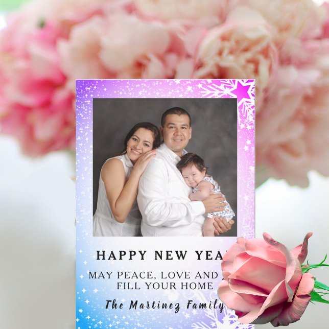 Tarjeta Festiva Feliz Año Nuevo Escena de nieve azul y púrpura Fam (Subido por el creador)