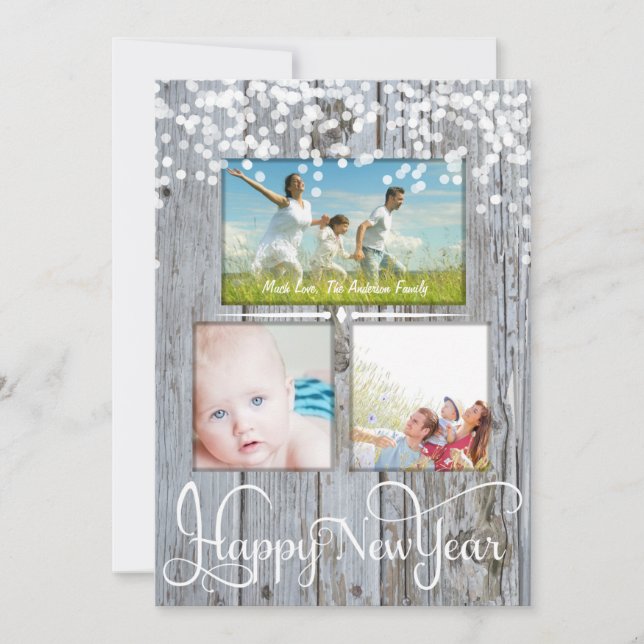 Tarjeta Festiva Feliz Año Nuevo Estrellas de Destello de Madera Rú (Anverso)