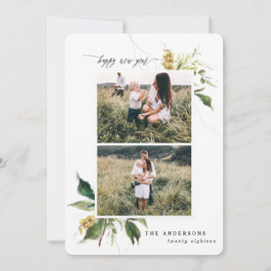 Tarjeta Festiva Feliz año nuevo familia de dos fotos botánicas 