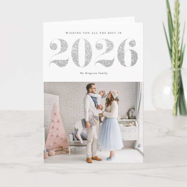 Tarjeta Festiva Feliz Año Nuevo Feliz 2025, Purpurina falso platea (Anverso)