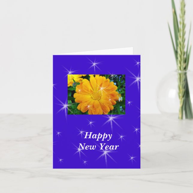 Tarjeta Festiva Feliz Año Nuevo flor de margarita amarilla (Anverso)