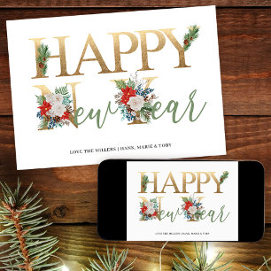 Tarjeta Festiva Feliz Año Nuevo Flor de Nochebuena y Pino Dorado V