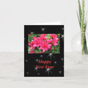 Tarjeta Festiva Feliz Año Nuevo flores rosas de azalea