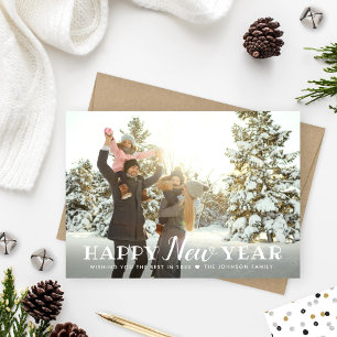 Tarjeta Festiva Feliz Año Nuevo Foto Completa Confeti Dorado y Neg