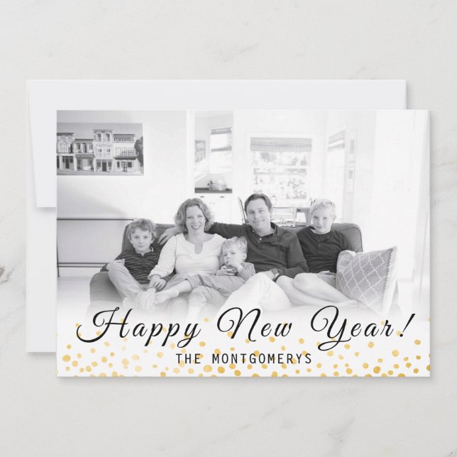 Tarjeta Festiva Feliz Año Nuevo Foto Confetti de oro 2024 (Anverso)