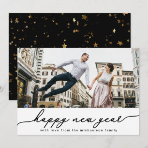 Tarjeta Festiva Feliz Año Nuevo foto de Black and Faux Gold Confet