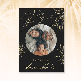 Tarjeta Festiva Feliz Año Nuevo, foto de Black Gold para fuegos ar