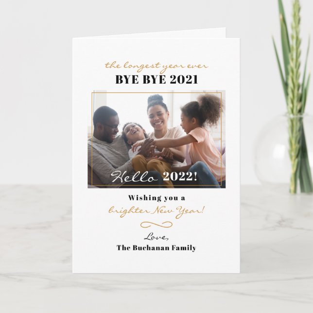 Tarjeta Festiva Feliz Año Nuevo, foto familiar escrita a mano (Anverso)