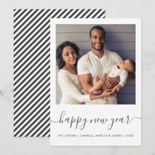 Tarjeta Festiva Feliz Año Nuevo Foto Personalizada Script Gris Min