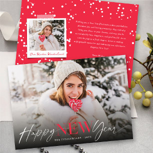 Tarjeta Festiva Feliz Año Nuevo, fotografía de tipografía clásica