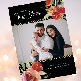 Tarjeta Festiva Feliz Año Nuevo Fotos Acuarela Floral Oro Negro