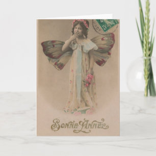 Tarjeta Festiva Feliz Año Nuevo Francés Hada Niña Vintage