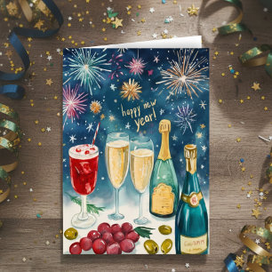 Tarjeta Festiva FELIZ AÑO NUEVO Fuegos artificiales burbujeantes d