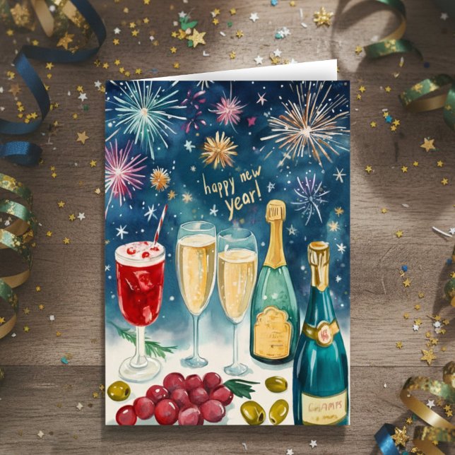 Tarjeta Festiva FELIZ AÑO NUEVO Fuegos artificiales burbujeantes d (HAPPY NEW YEAR Watercolor Bubbly Fireworks Holiday Greeting Card
)