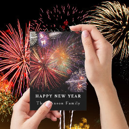 Tarjeta Festiva Feliz Año Nuevo, fuegos artificiales o celebración