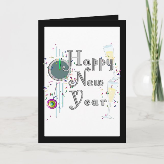 Tarjeta Festiva Feliz Año Nuevo: Gafas de champán y reloj (Anverso)