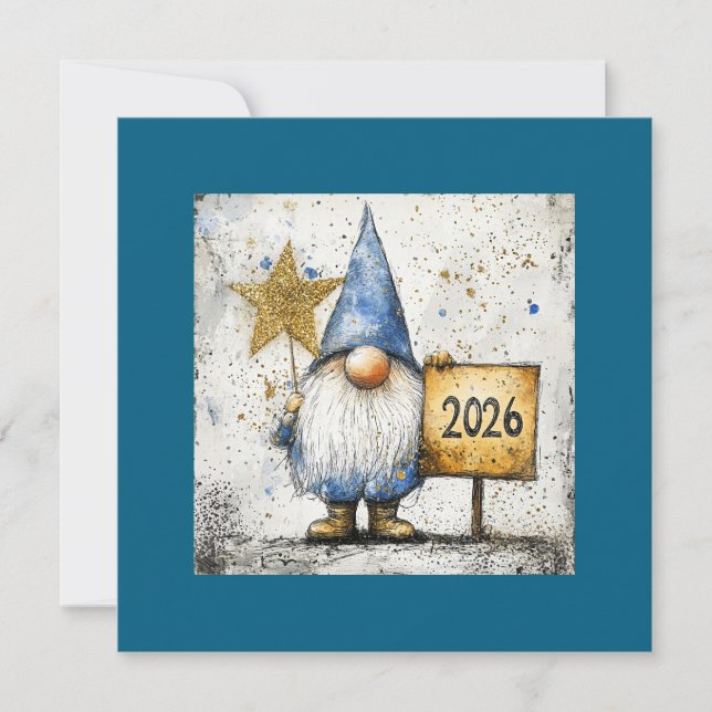 Tarjeta Festiva Feliz Año Nuevo Gnome, 2026, (Anverso)