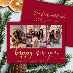 Tarjeta Festiva Feliz Año Nuevo Gold Script Rojo 3 Foto Collage 