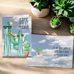 Tarjeta Festiva Feliz Año Nuevo Gracioso Sudoeste Saguaro Cactus