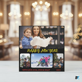 Tarjeta Festiva Feliz año nuevo guión amarillo negro 4 Collage de 