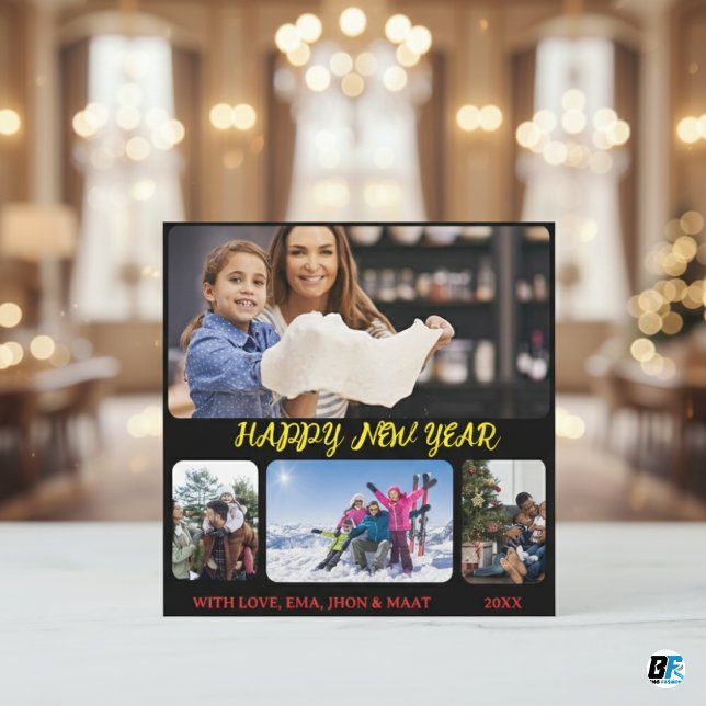 Tarjeta Festiva Feliz año nuevo guión amarillo negro 4 Collage de  (Subido por el creador)