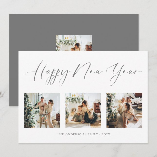 Tarjeta Festiva Feliz año nuevo guión gris 2 Collage de fotos múlt (Anverso / Reverso)