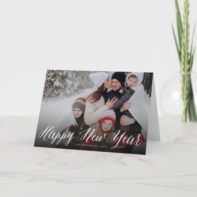 Tarjeta Festiva Feliz Año Nuevo Guión Simple Foto Mínima Moderna (Anverso)