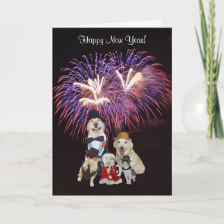 Tarjeta Festiva Feliz Año Nuevo linda de los perros y de los gatos